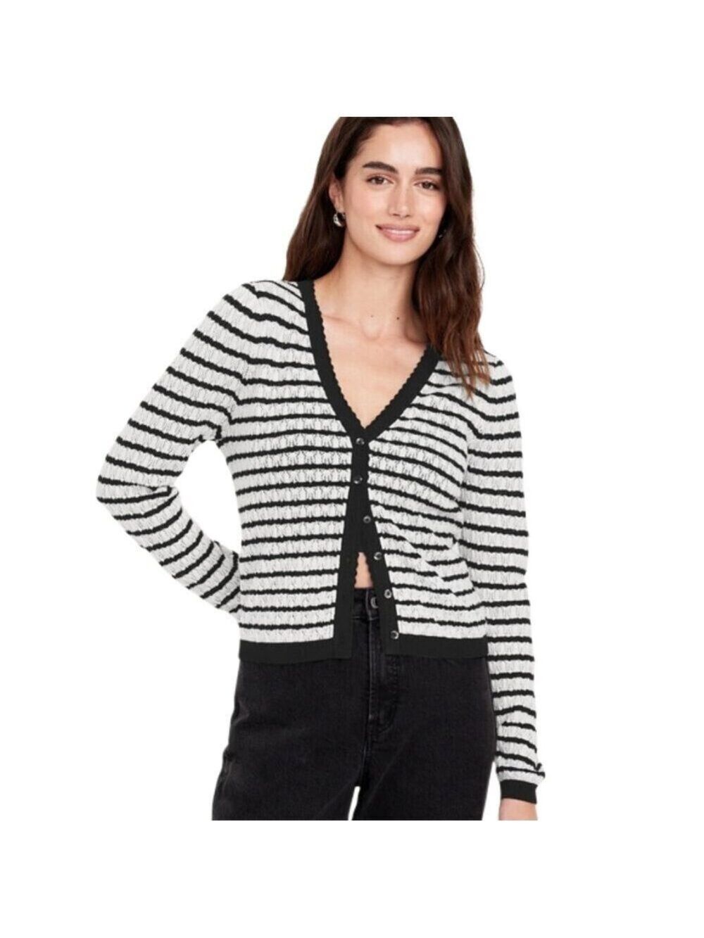 Old Navy So Soft Lite Black White Stripe Pointelle Cardigan Sweater Size 3X